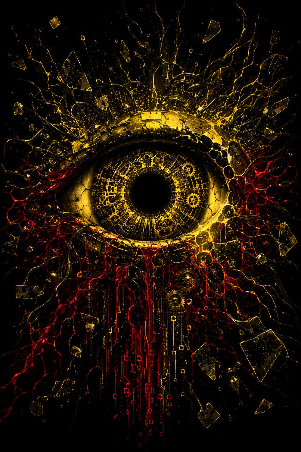 Olho mecânico dourado com engrenagens, sangrando tinta vermelha